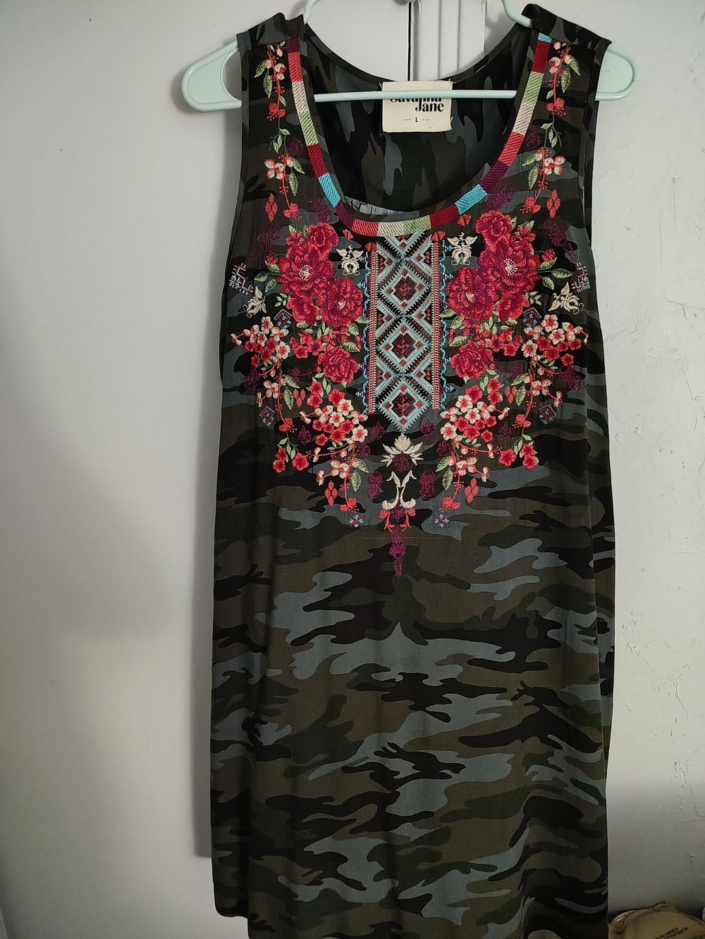Savanna Jane Olive Camo Mini Dress with Red Floral Embroidery
